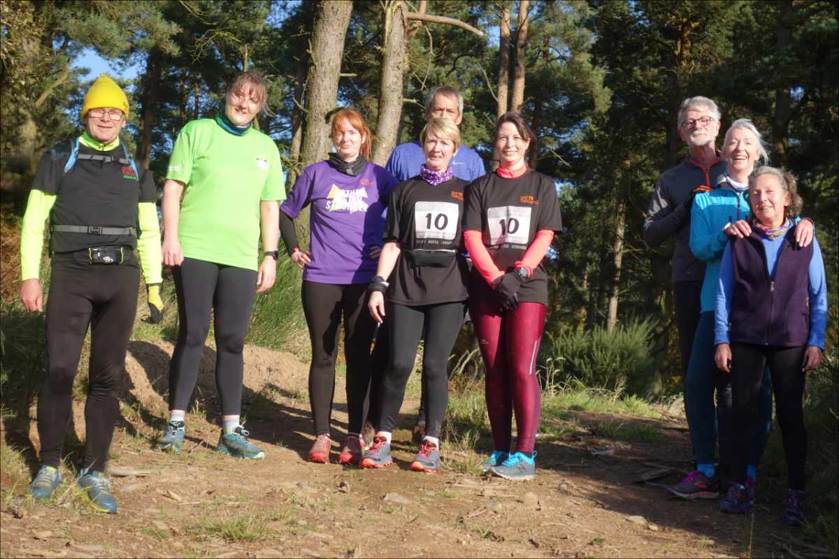 photo of a group of runners taking a short break in lovely sunshine among trees.