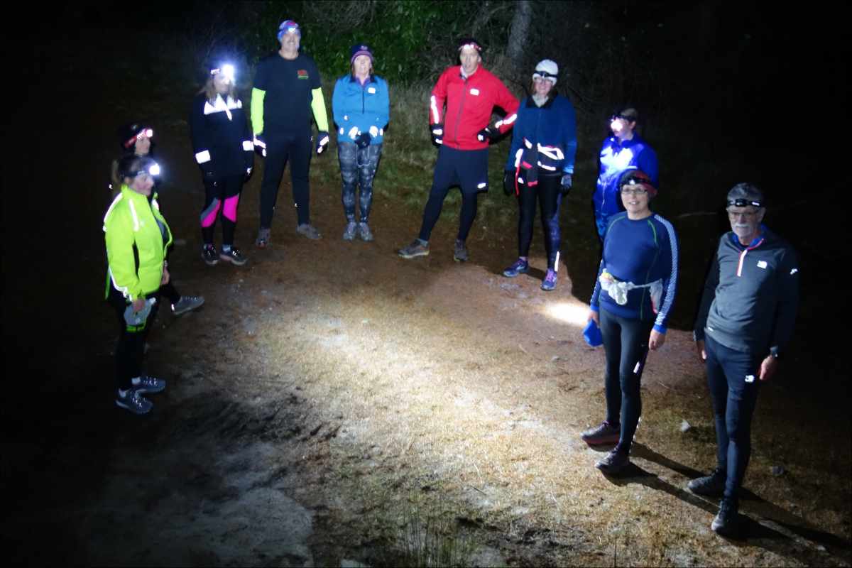 photo of a group of runners taking a short break during a run through the woods at night.