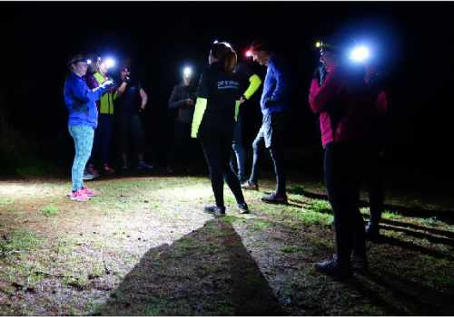photo of a group of runners taking a short break during a run through the woods at night.