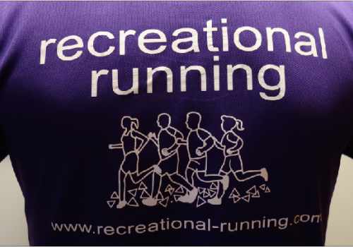 photo of the back of a purpole t-shirt, with the Recreational Running name and logo.