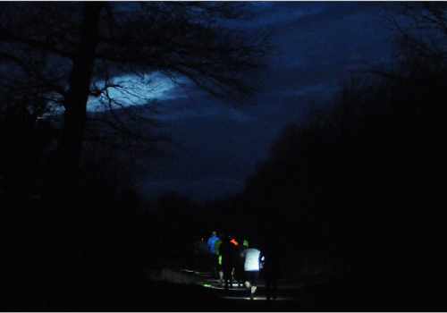 photo of a group of runners in the dark. framed by trees and illuminated by a bright moon.