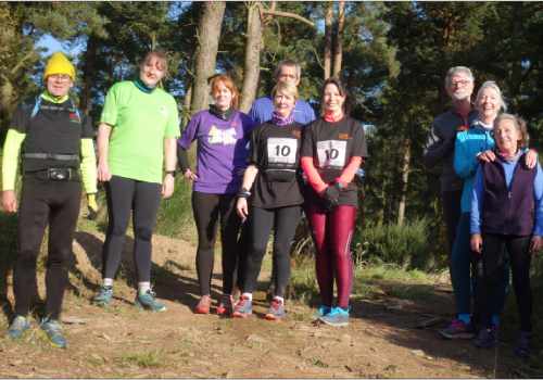 photo of a group of runners taking a short break in lovely sunshine among trees.
